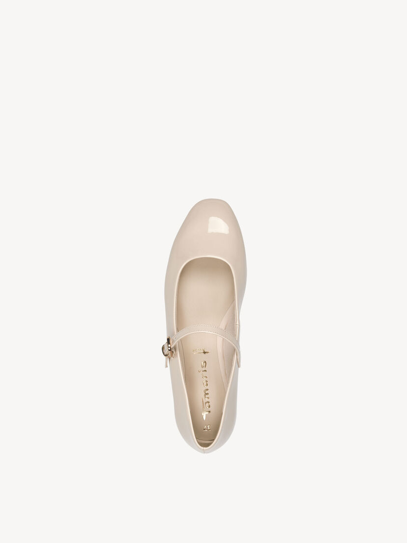 Beige lakleren Mary Jane ballerina&rsquo;s met verstelbare gesp