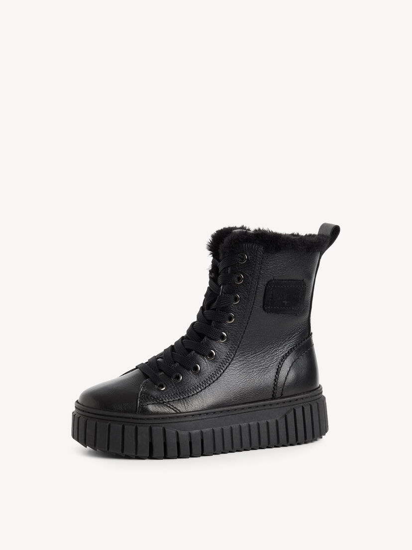 Leren Enkellaarsje - zwart warme voering, BLACK LEATHER, hi-res
