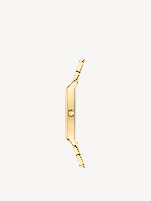 Zijaanzicht van goudkleurig luxe horloge met metalen band